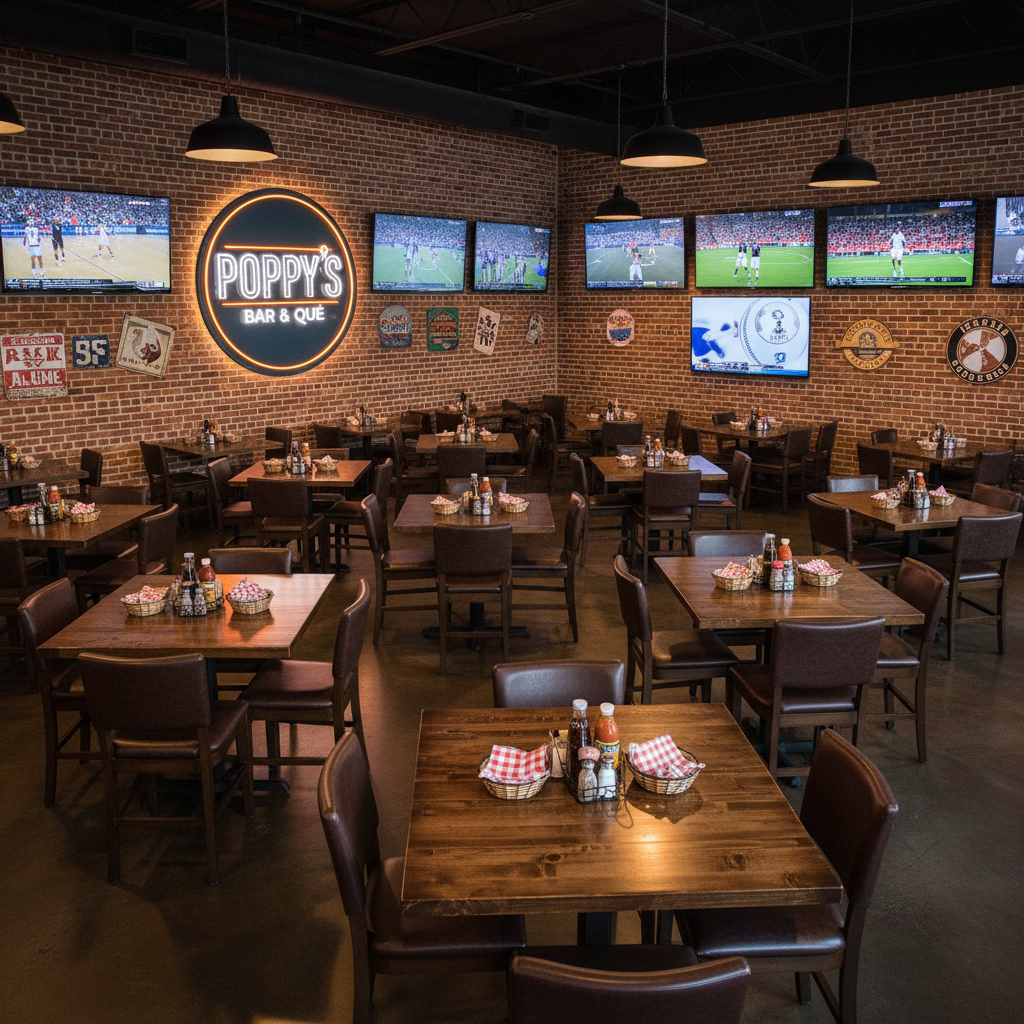 An interior wide shot of Poppy’s Bar & Que dining room, showcasing rows of sturdy dark-wood tables and leather-upholstered high-top chairs arranged to face a full wall of mounted flat-screen TVs, each displaying different sporting events. Exposed brick walls are accented with metal signage and a large illuminated “Poppy’s Bar & Que” logo in bold typography. Overhead, industrial-style black metal pendant lights cast warm, focused pools of light on the tabletops, highlighting baskets of napkins, sauce caddies, and salt-and-pepper shakers. Photographic realism, captured from a slightly elevated corner perspective, with sharp focus and rich contrast, conveying a bold, modern Southern sports bar atmosphere, vibrant but comfortable, completely empty of people yet clearly ready for a crowd.