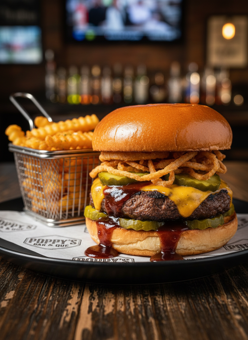 A close-up of a signature BBQ burger from Poppy’s Bar & Que, stacked high on a matte black ceramic plate. The toasted brioche bun is glossy and golden, sheltering a thick char-grilled patty smothered in melted cheddar, crispy onion straws, sliced pickles, and a generous drizzle of dark, sticky house BBQ sauce that drips enticingly down the sides. Next to it, a metal basket overflows with golden, seasoned fries. The plate rests on a distressed wooden table with a Poppy’s-branded paper liner partially visible. Warm directional lighting from the side creates rich highlights on the burger’s textures and subtle shadows for depth. Photographic realism, shallow depth of field, with a softly blurred background hinting at bar shelves and TV glow, bold and indulgent.